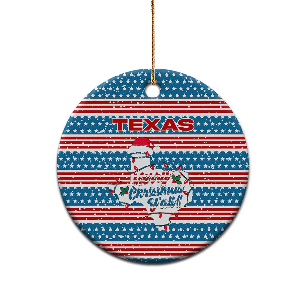 Texas Christmas Ceramic Ornament with Blue and Red Striped Festive Pattern Lone Star and Santa Motif - Wonder Print Shop