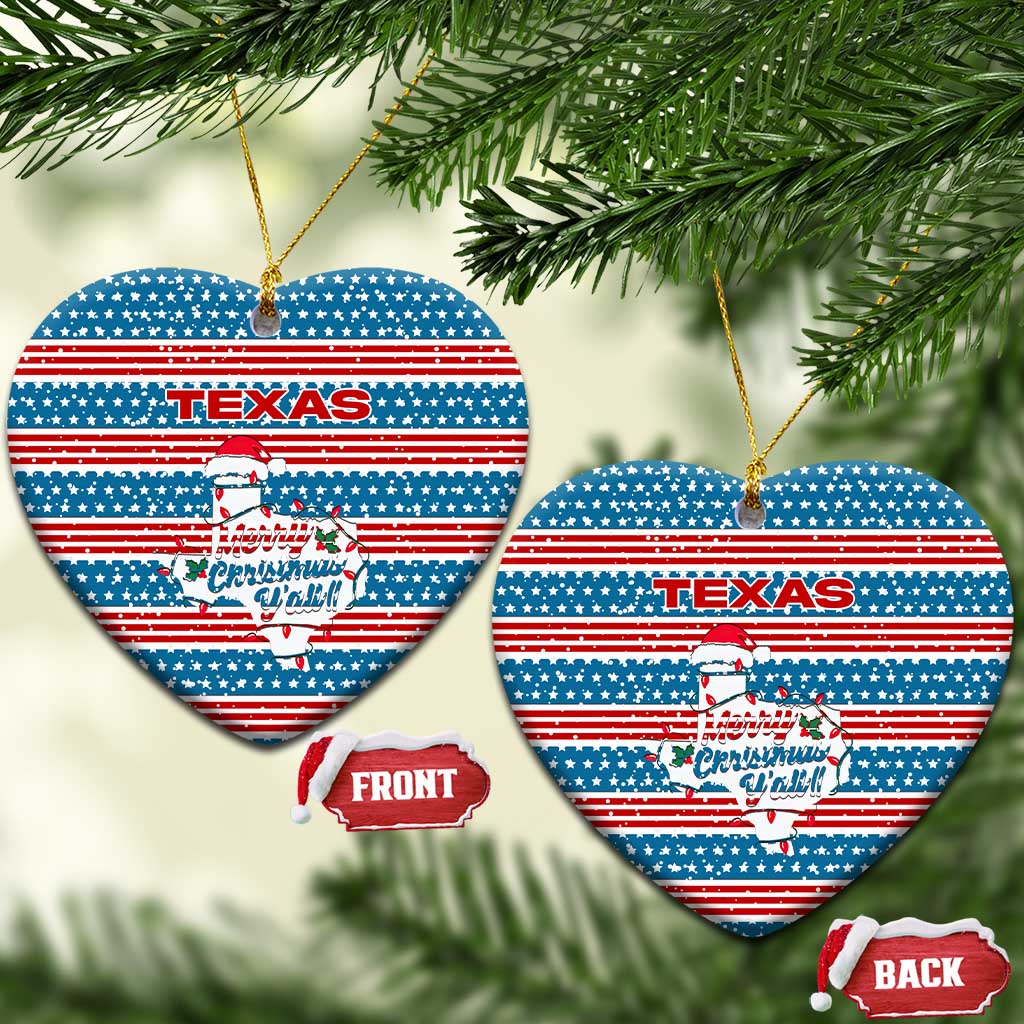Texas Christmas Ceramic Ornament with Blue and Red Striped Festive Pattern Lone Star and Santa Motif - Wonder Print Shop