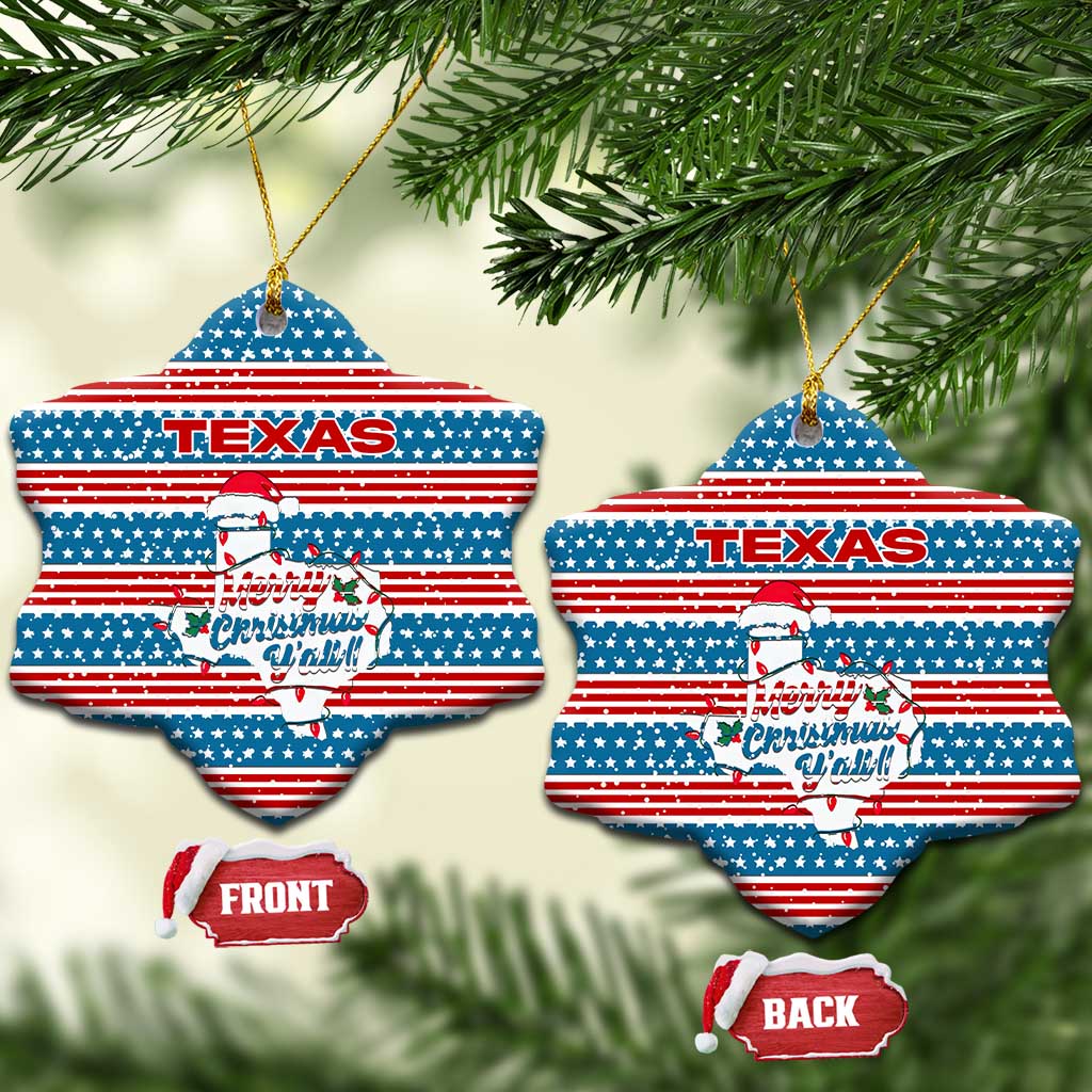 Texas Christmas Ceramic Ornament with Blue and Red Striped Festive Pattern Lone Star and Santa Motif - Wonder Print Shop