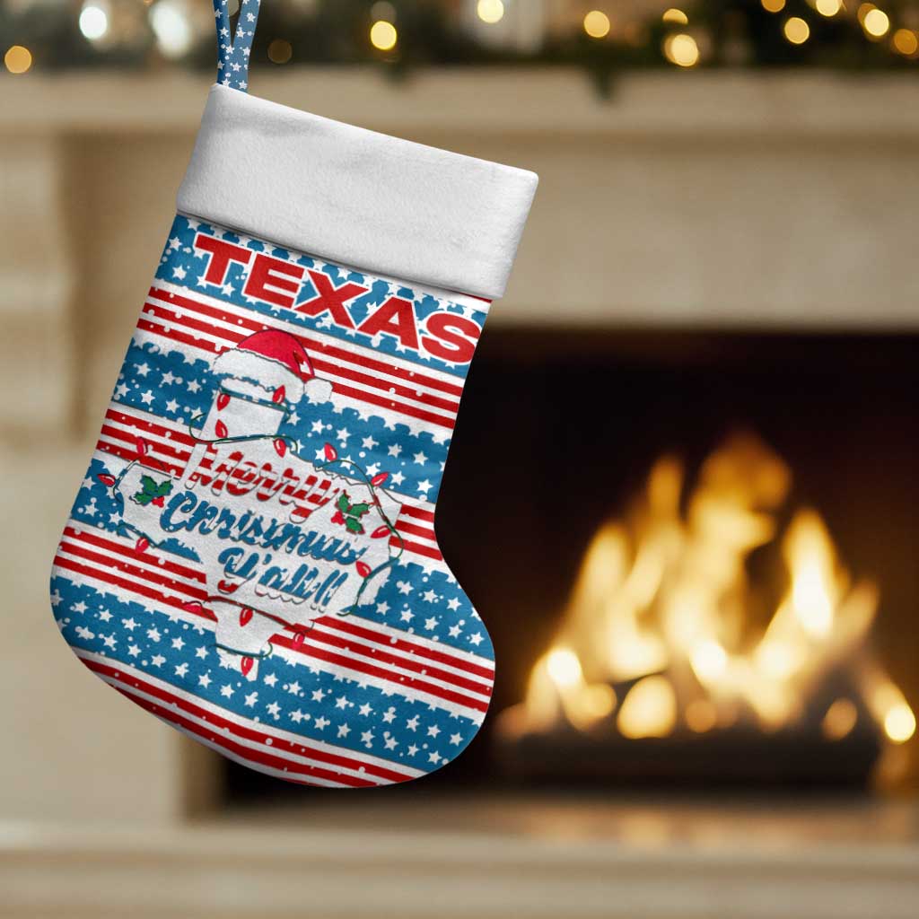 Texas Christmas Stocking with Blue and Red Striped Festive Pattern Lone Star and Santa Motif - Wonder Print Shop