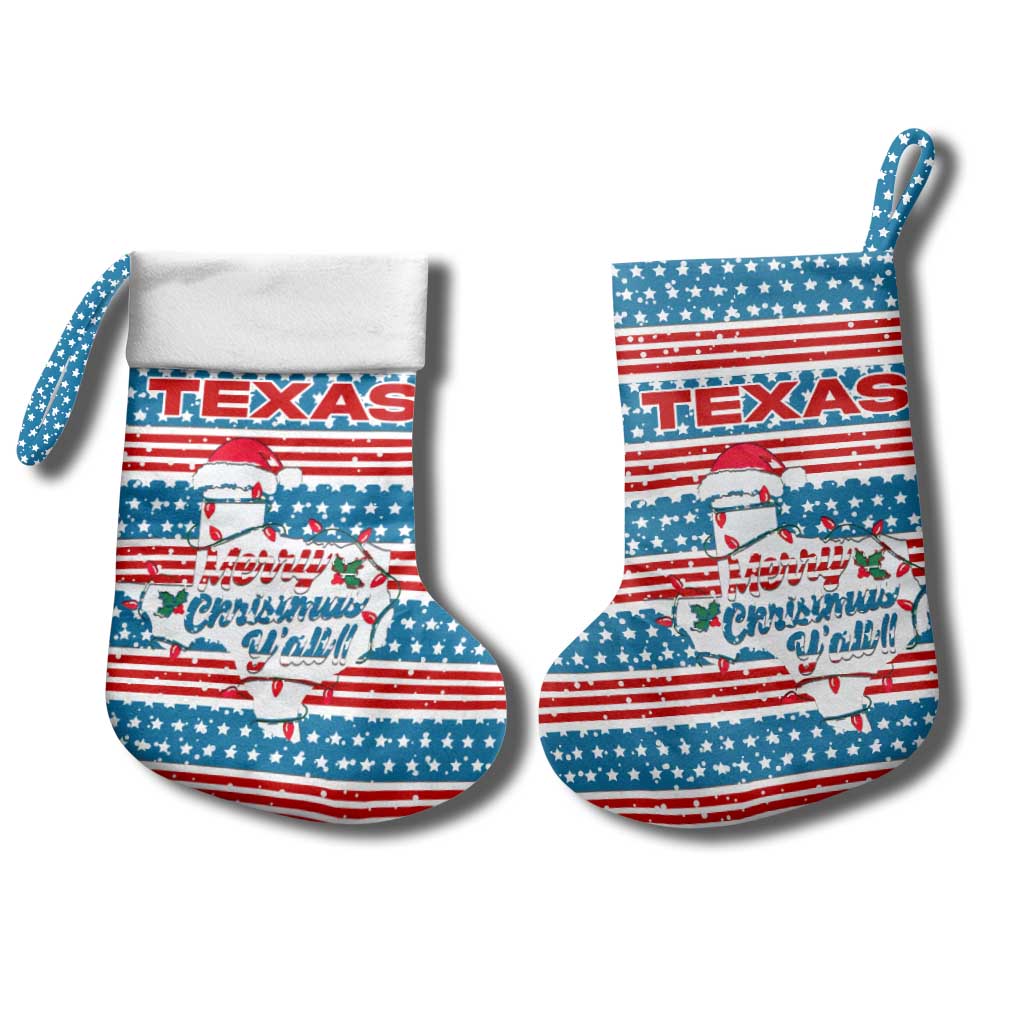 Texas Christmas Stocking with Blue and Red Striped Festive Pattern Lone Star and Santa Motif - Wonder Print Shop