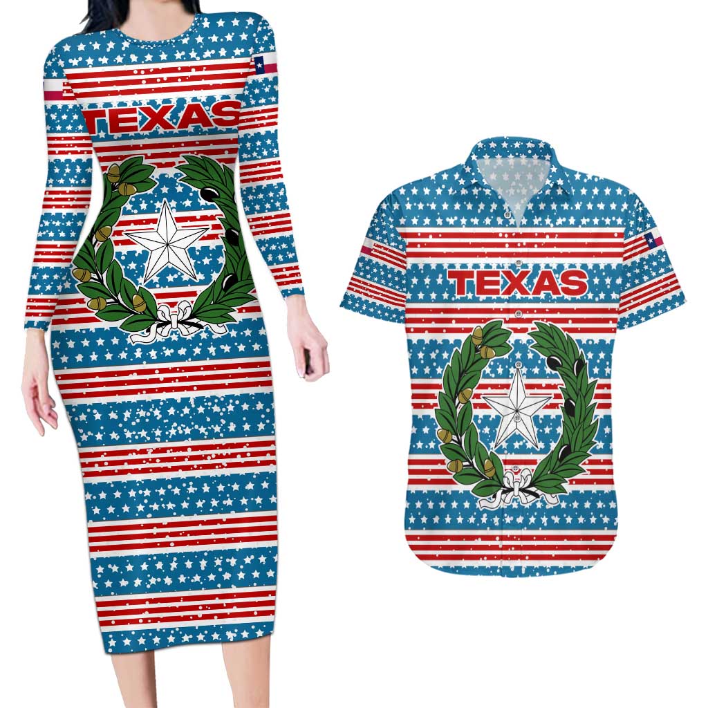 Texas Christmas Couples Matching Long Sleeve Bodycon Dress and Hawaiian Shirt with Blue and Red Striped Festive Pattern Lone Star and Santa Motif - Wonder Print Shop