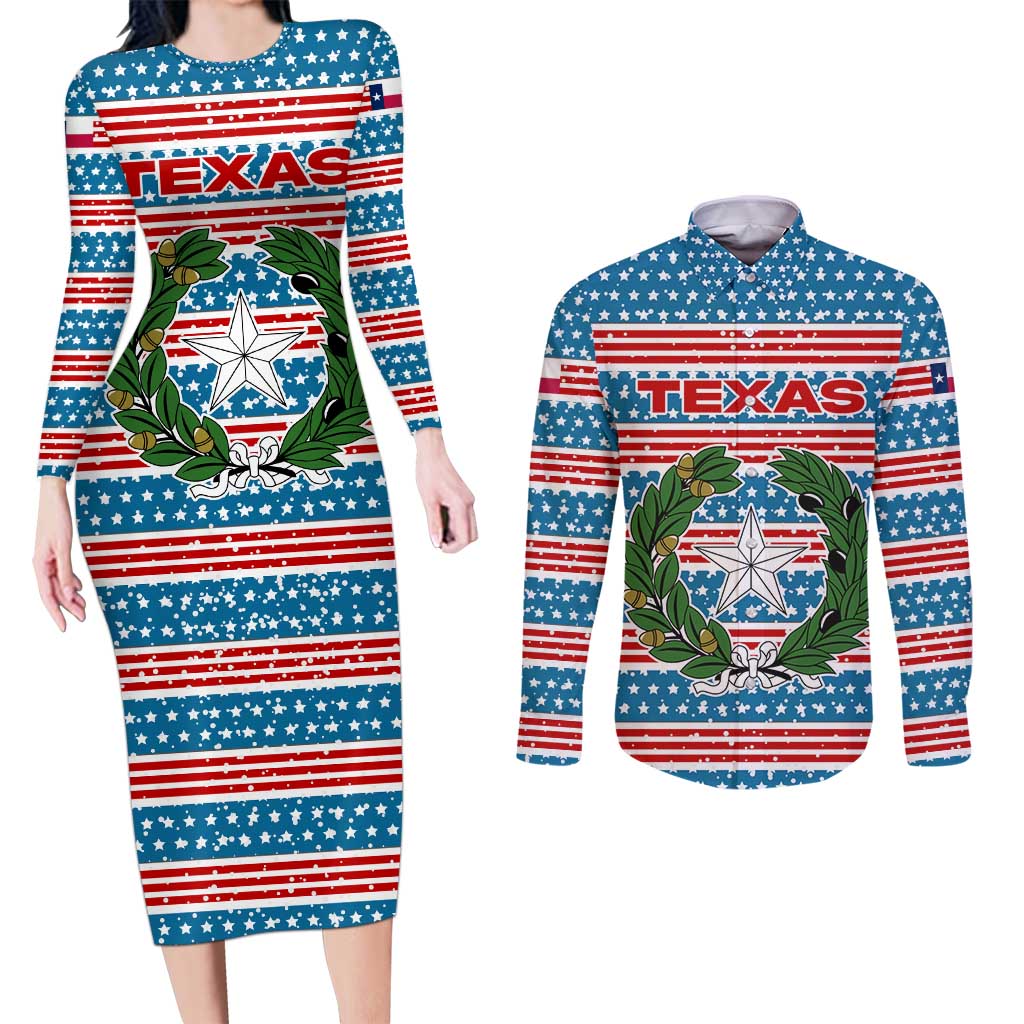 Texas Christmas Couples Matching Long Sleeve Bodycon Dress and Long Sleeve Button Shirt with Blue and Red Striped Festive Pattern Lone Star and Santa Motif - Wonder Print Shop