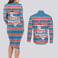 Texas Christmas Couples Matching Long Sleeve Bodycon Dress and Long Sleeve Button Shirt with Blue and Red Striped Festive Pattern Lone Star and Santa Motif - Wonder Print Shop