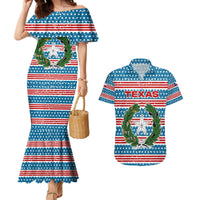 Texas Christmas Couples Matching Mermaid Dress and Hawaiian Shirt with Blue and Red Striped Festive Pattern Lone Star and Santa Motif - Wonder Print Shop