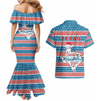 Texas Christmas Couples Matching Mermaid Dress and Hawaiian Shirt with Blue and Red Striped Festive Pattern Lone Star and Santa Motif - Wonder Print Shop