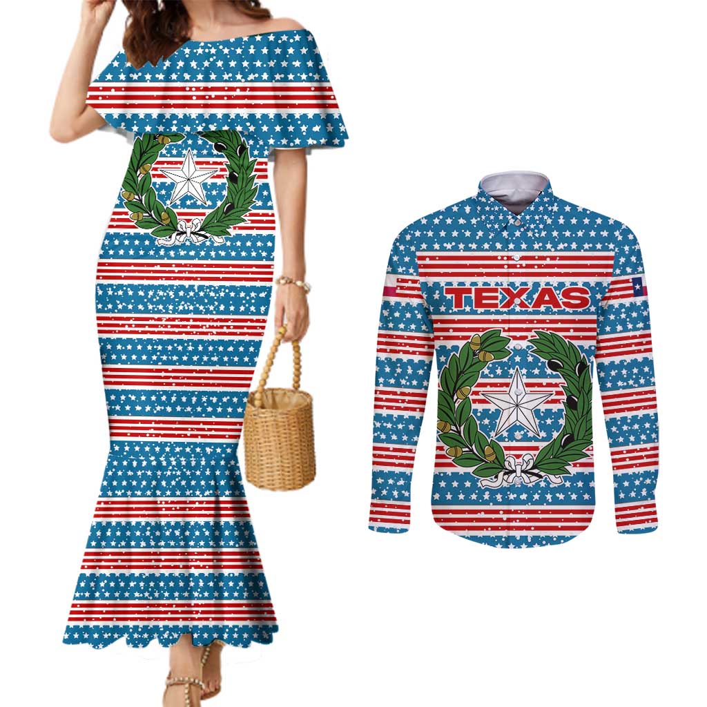 Texas Christmas Couples Matching Mermaid Dress and Long Sleeve Button Shirt with Blue and Red Striped Festive Pattern Lone Star and Santa Motif - Wonder Print Shop