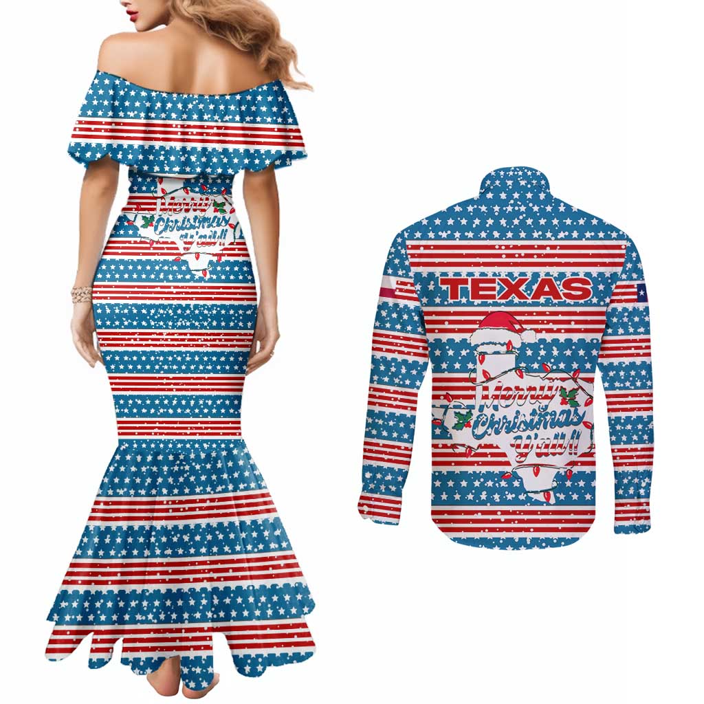 Texas Christmas Couples Matching Mermaid Dress and Long Sleeve Button Shirt with Blue and Red Striped Festive Pattern Lone Star and Santa Motif - Wonder Print Shop
