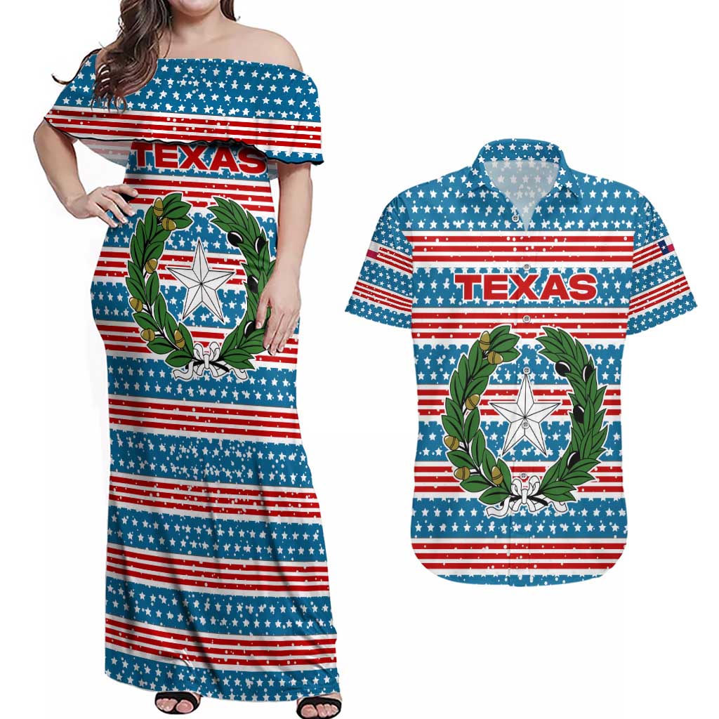 Texas Christmas Couples Matching Off Shoulder Maxi Dress and Hawaiian Shirt with Blue and Red Striped Festive Pattern Lone Star and Santa Motif - Wonder Print Shop
