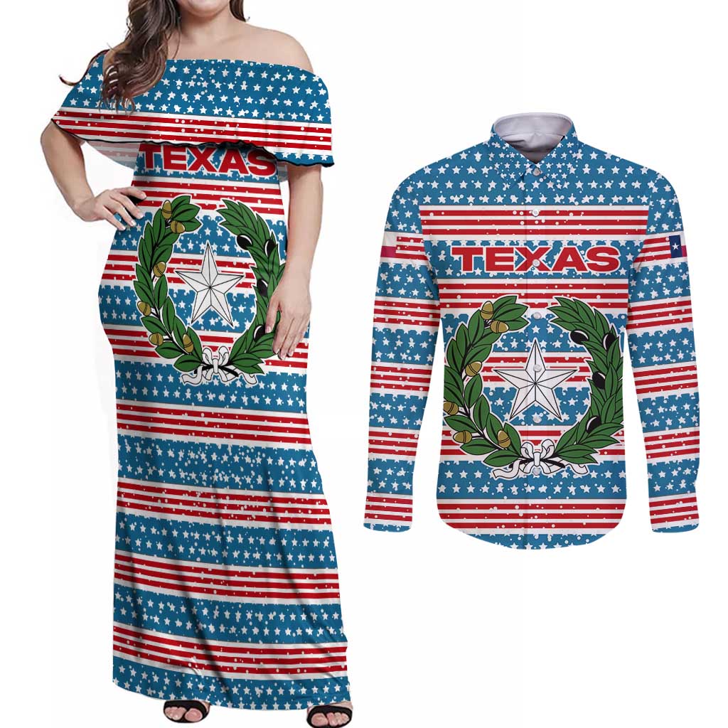 Texas Christmas Couples Matching Off Shoulder Maxi Dress and Long Sleeve Button Shirt with Blue and Red Striped Festive Pattern Lone Star and Santa Motif - Wonder Print Shop