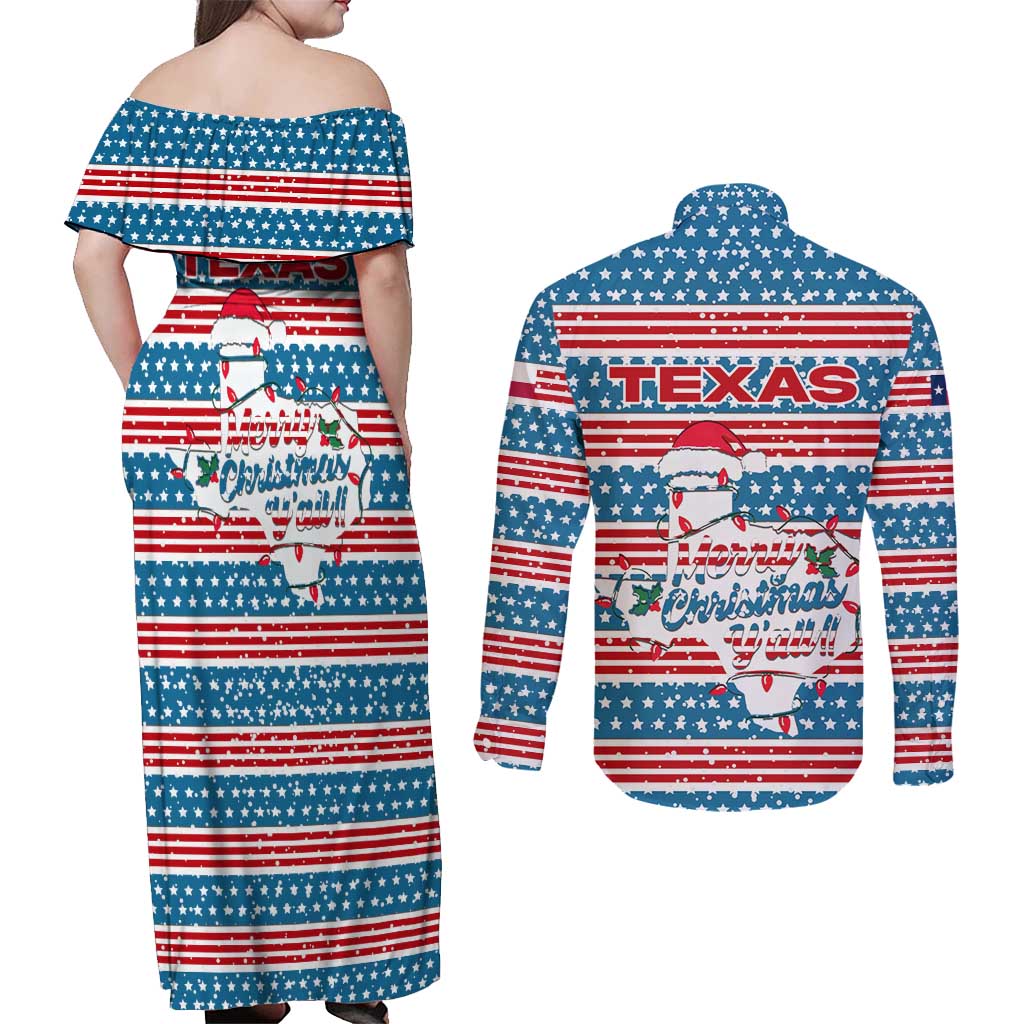 Texas Christmas Couples Matching Off Shoulder Maxi Dress and Long Sleeve Button Shirt with Blue and Red Striped Festive Pattern Lone Star and Santa Motif - Wonder Print Shop