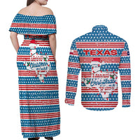 Texas Christmas Couples Matching Off Shoulder Maxi Dress and Long Sleeve Button Shirt with Blue and Red Striped Festive Pattern Lone Star and Santa Motif - Wonder Print Shop