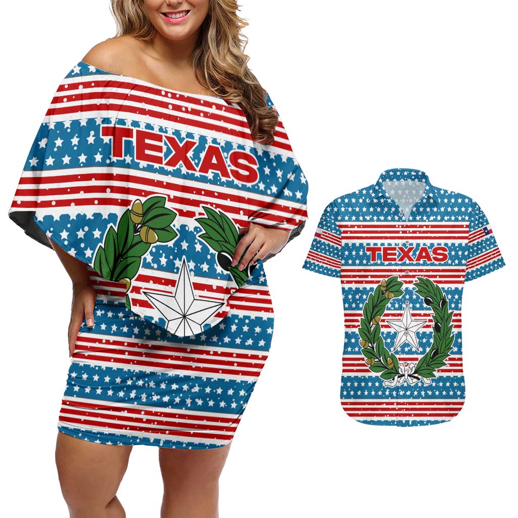 Texas Christmas Couples Matching Off Shoulder Short Dress and Hawaiian Shirt with Blue and Red Striped Festive Pattern Lone Star and Santa Motif - Wonder Print Shop