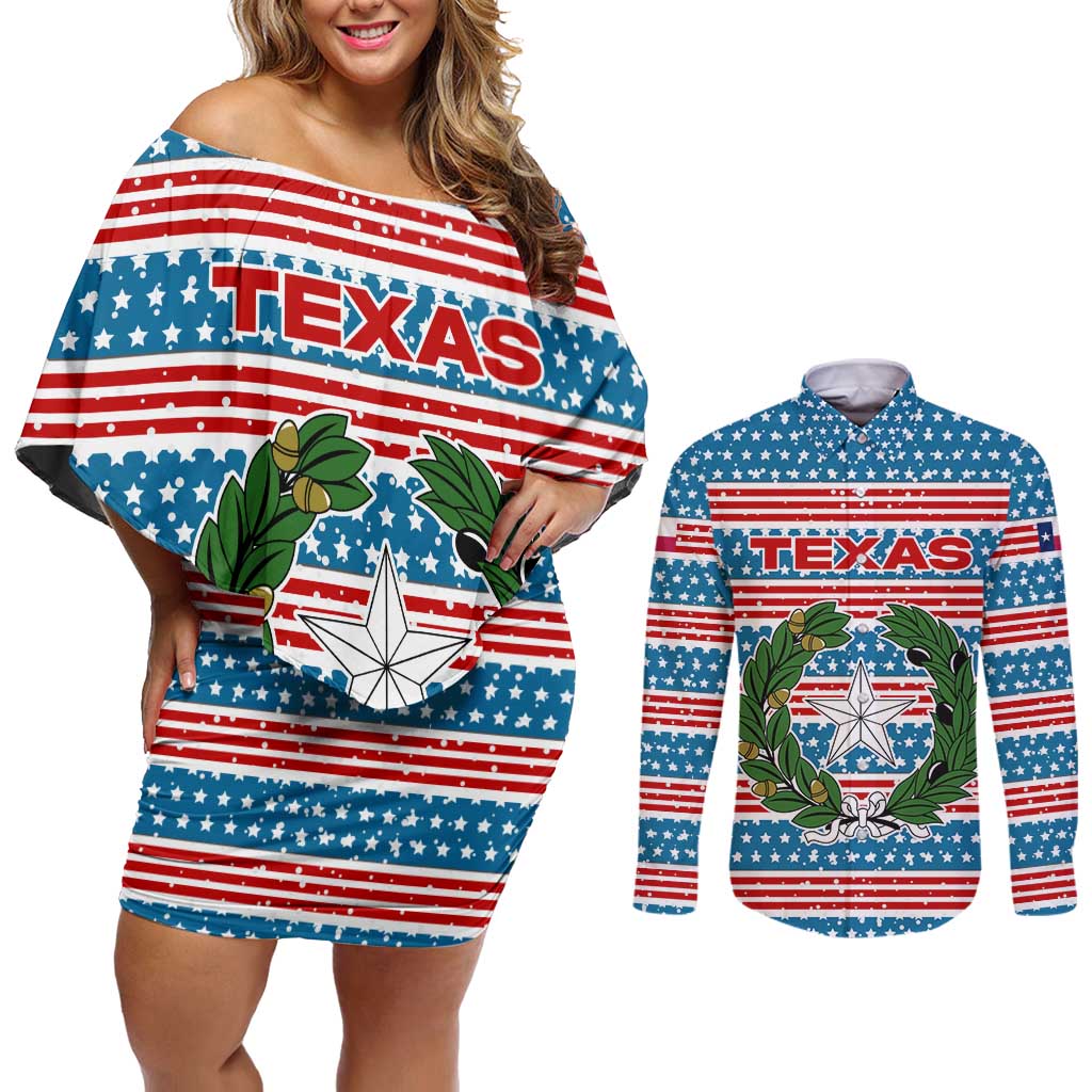 Texas Christmas Couples Matching Off Shoulder Short Dress and Long Sleeve Button Shirt with Blue and Red Striped Festive Pattern Lone Star and Santa Motif - Wonder Print Shop