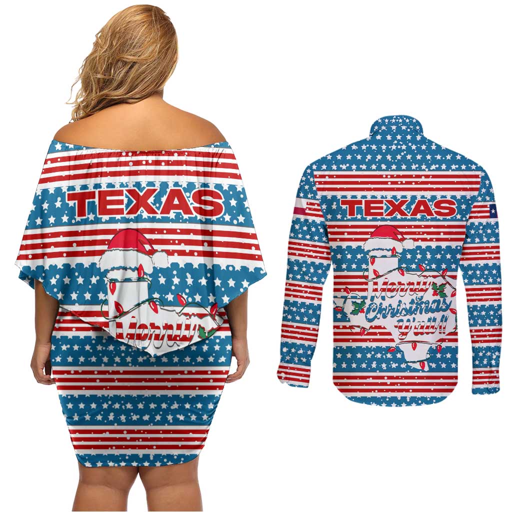 Texas Christmas Couples Matching Off Shoulder Short Dress and Long Sleeve Button Shirt with Blue and Red Striped Festive Pattern Lone Star and Santa Motif - Wonder Print Shop