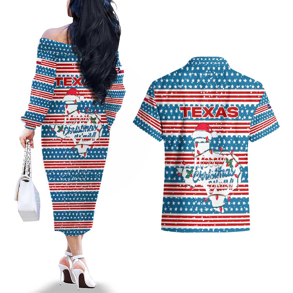 Texas Christmas Couples Matching Off The Shoulder Long Sleeve Dress and Hawaiian Shirt with Blue and Red Striped Festive Pattern Lone Star and Santa Motif - Wonder Print Shop