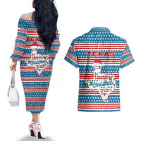 Texas Christmas Couples Matching Off The Shoulder Long Sleeve Dress and Hawaiian Shirt with Blue and Red Striped Festive Pattern Lone Star and Santa Motif - Wonder Print Shop