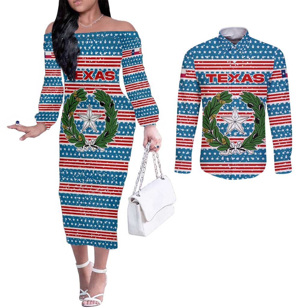 Texas Christmas Couples Matching Off The Shoulder Long Sleeve Dress and Long Sleeve Button Shirt with Blue and Red Striped Festive Pattern Lone Star and Santa Motif - Wonder Print Shop