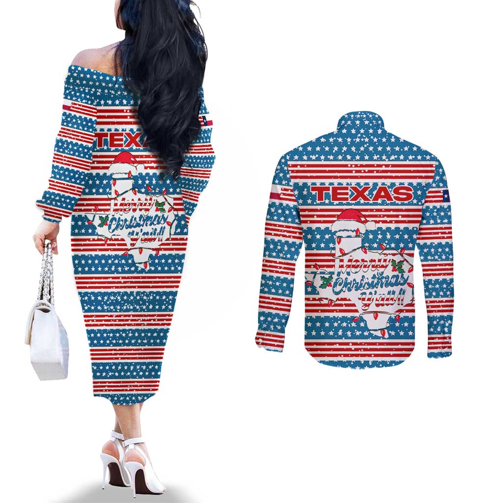 Texas Christmas Couples Matching Off The Shoulder Long Sleeve Dress and Long Sleeve Button Shirt with Blue and Red Striped Festive Pattern Lone Star and Santa Motif - Wonder Print Shop