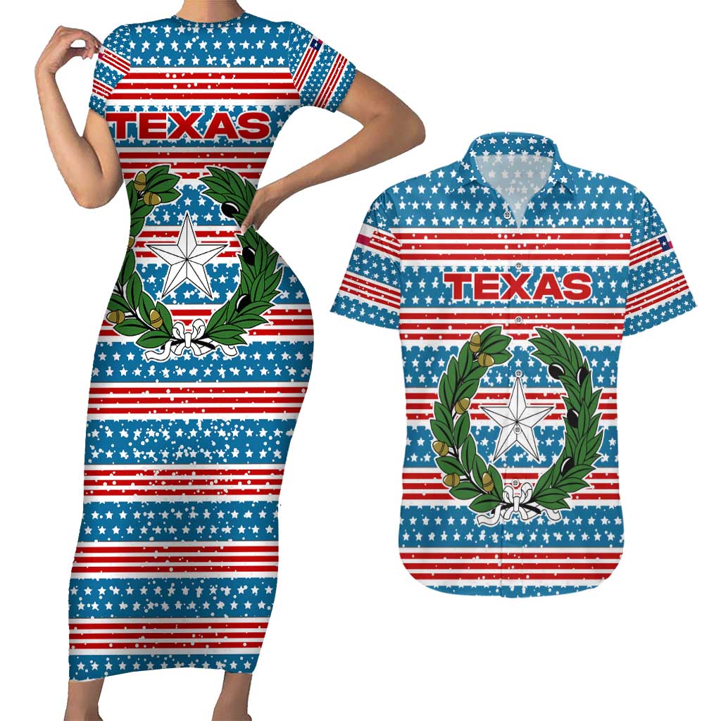 Texas Christmas Couples Matching Short Sleeve Bodycon Dress and Hawaiian Shirt with Blue and Red Striped Festive Pattern Lone Star and Santa Motif - Wonder Print Shop