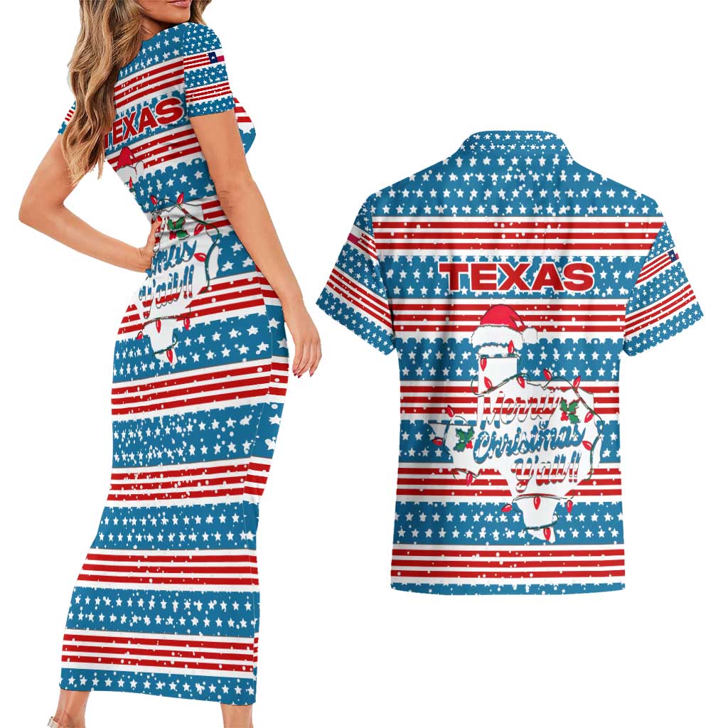 Texas Christmas Couples Matching Short Sleeve Bodycon Dress and Hawaiian Shirt with Blue and Red Striped Festive Pattern Lone Star and Santa Motif - Wonder Print Shop