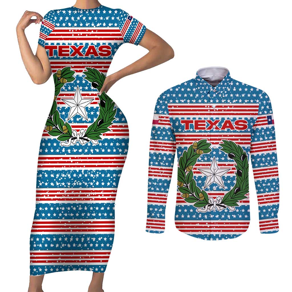 Texas Christmas Couples Matching Short Sleeve Bodycon Dress and Long Sleeve Button Shirt with Blue and Red Striped Festive Pattern Lone Star and Santa Motif - Wonder Print Shop