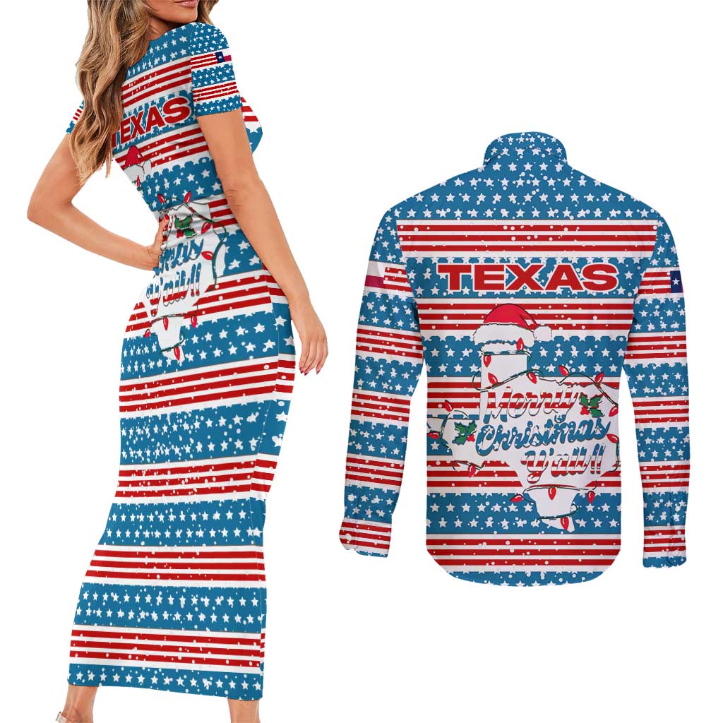 Texas Christmas Couples Matching Short Sleeve Bodycon Dress and Long Sleeve Button Shirt with Blue and Red Striped Festive Pattern Lone Star and Santa Motif - Wonder Print Shop