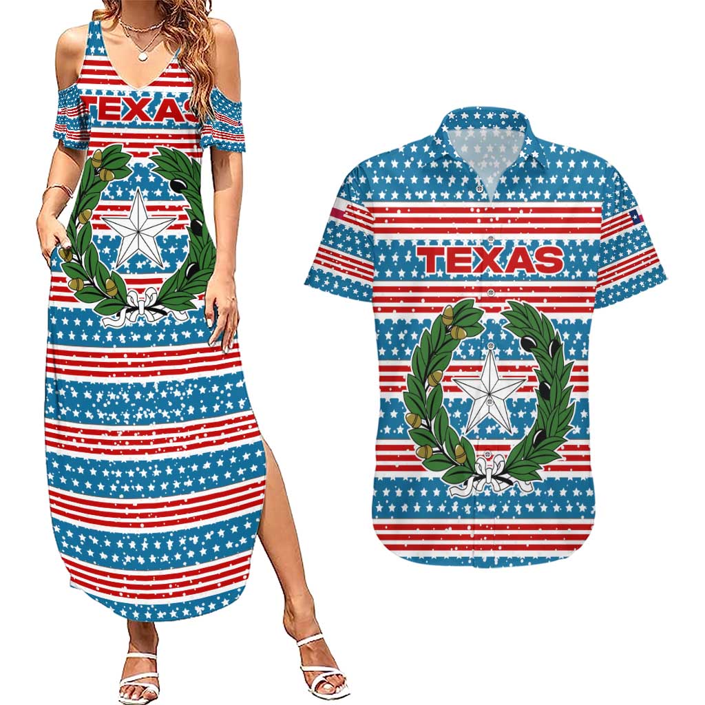 Texas Christmas Couples Matching Summer Maxi Dress and Hawaiian Shirt with Blue and Red Striped Festive Pattern Lone Star and Santa Motif - Wonder Print Shop