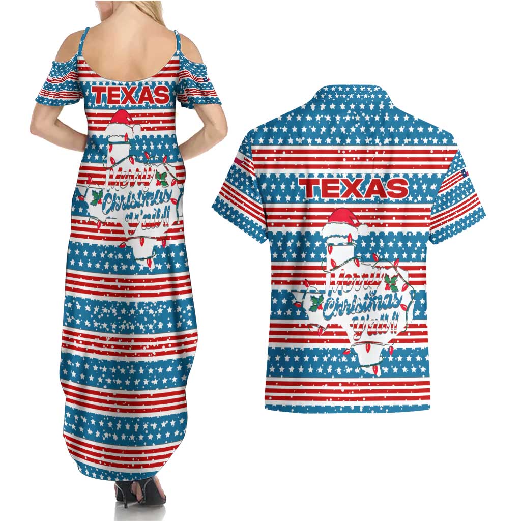 Texas Christmas Couples Matching Summer Maxi Dress and Hawaiian Shirt with Blue and Red Striped Festive Pattern Lone Star and Santa Motif - Wonder Print Shop