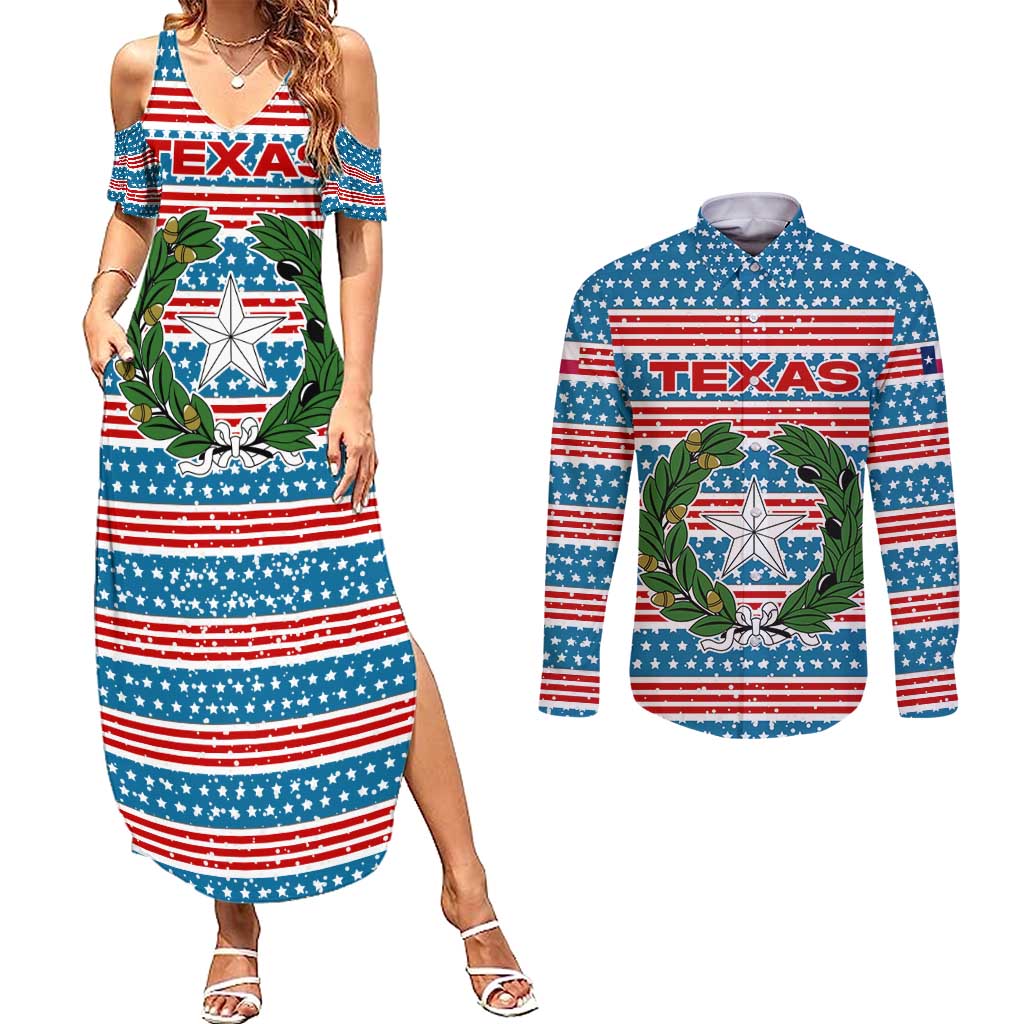 Texas Christmas Couples Matching Summer Maxi Dress and Long Sleeve Button Shirt with Blue and Red Striped Festive Pattern Lone Star and Santa Motif - Wonder Print Shop