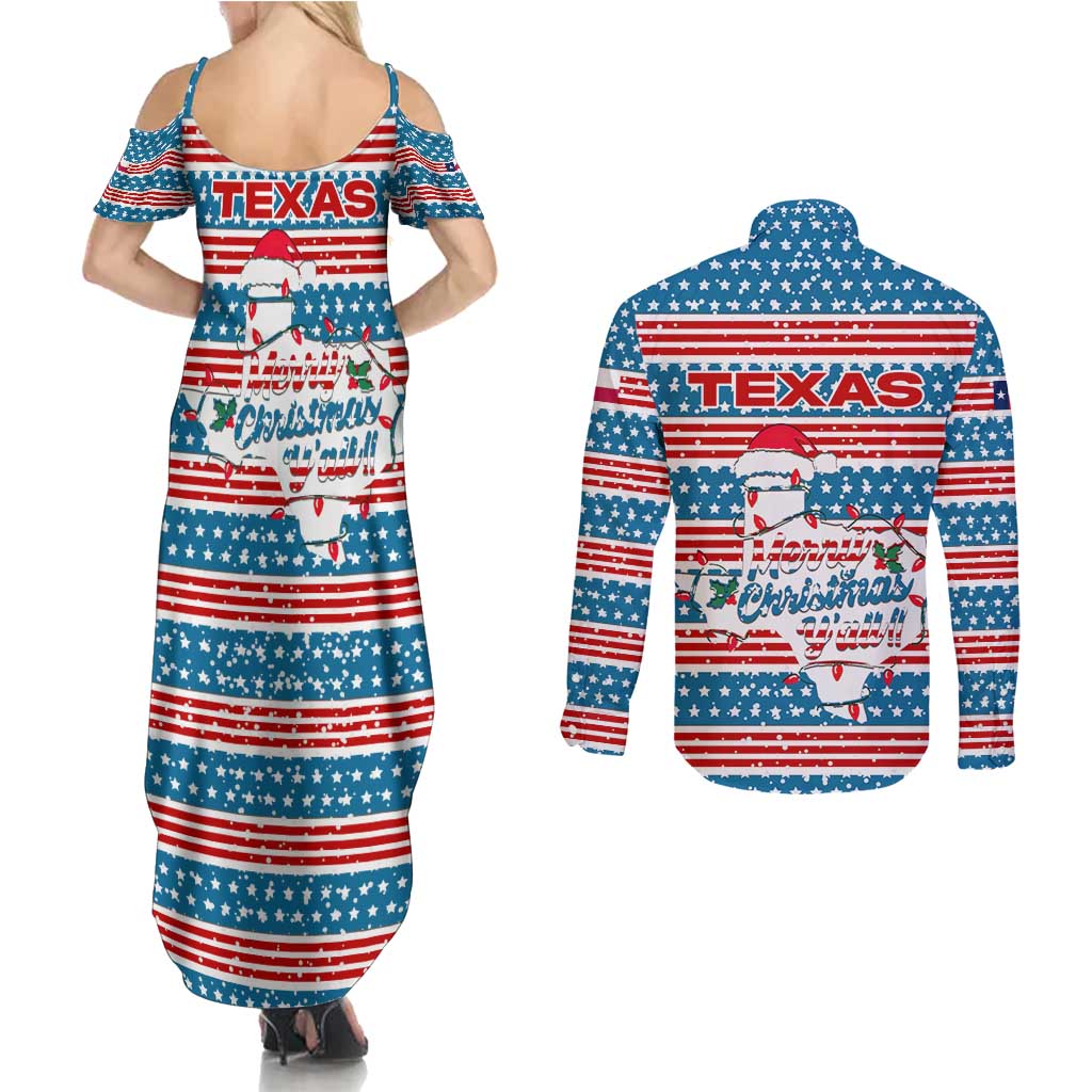Texas Christmas Couples Matching Summer Maxi Dress and Long Sleeve Button Shirt with Blue and Red Striped Festive Pattern Lone Star and Santa Motif - Wonder Print Shop