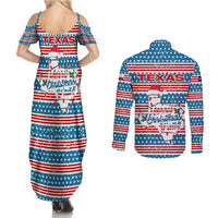 Texas Christmas Couples Matching Summer Maxi Dress and Long Sleeve Button Shirt with Blue and Red Striped Festive Pattern Lone Star and Santa Motif - Wonder Print Shop