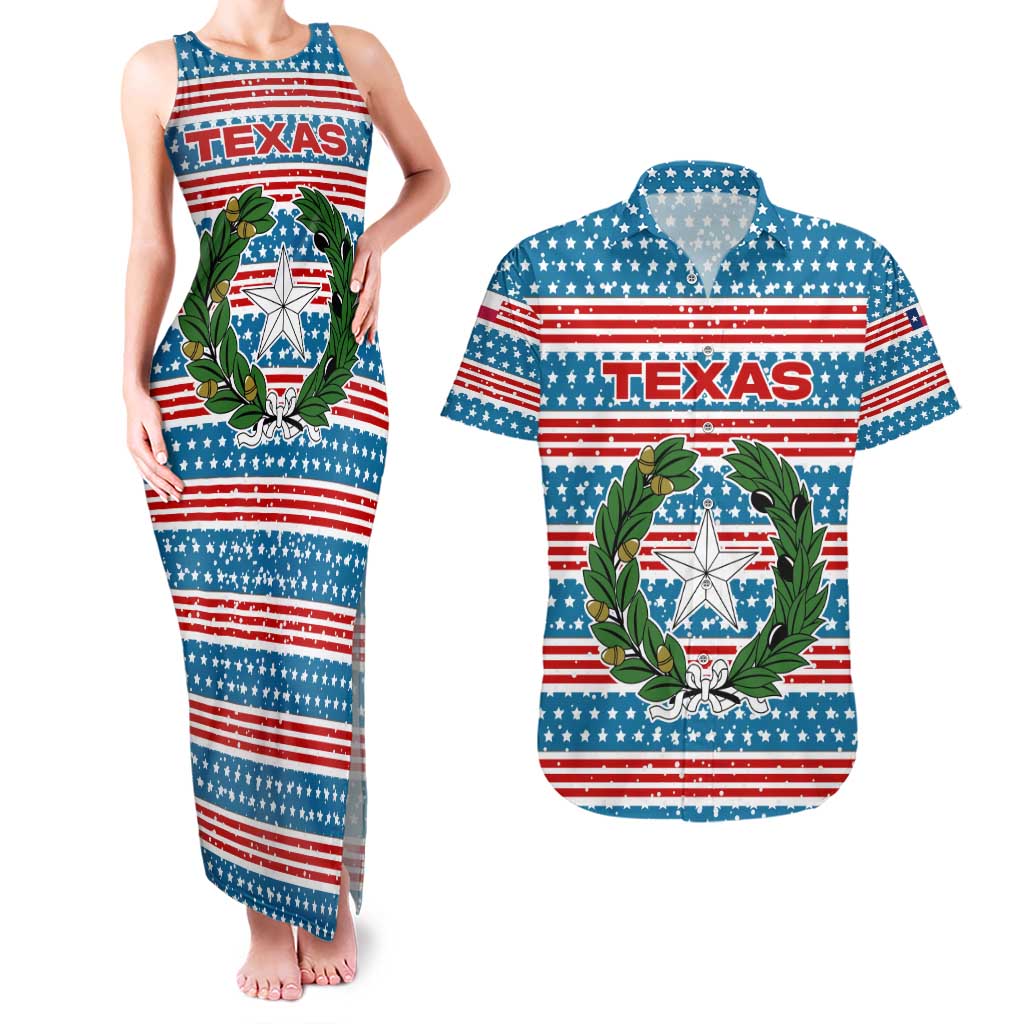 Texas Christmas Couples Matching Tank Maxi Dress and Hawaiian Shirt with Blue and Red Striped Festive Pattern Lone Star and Santa Motif - Wonder Print Shop
