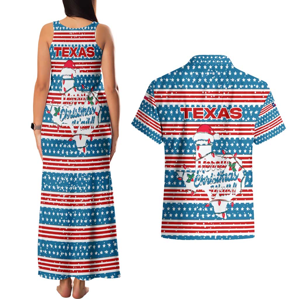 Texas Christmas Couples Matching Tank Maxi Dress and Hawaiian Shirt with Blue and Red Striped Festive Pattern Lone Star and Santa Motif - Wonder Print Shop