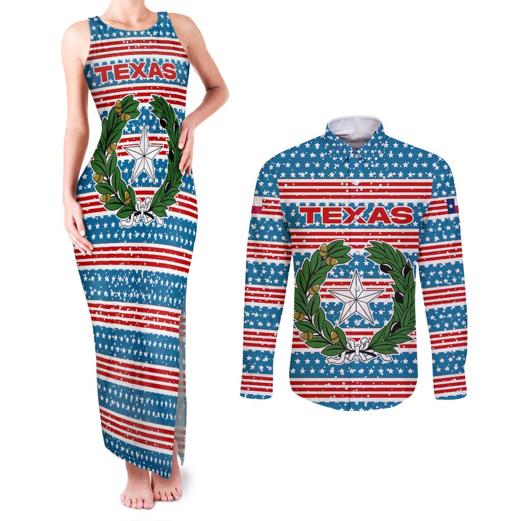 Texas Christmas Couples Matching Tank Maxi Dress and Long Sleeve Button Shirt with Blue and Red Striped Festive Pattern Lone Star and Santa Motif - Wonder Print Shop