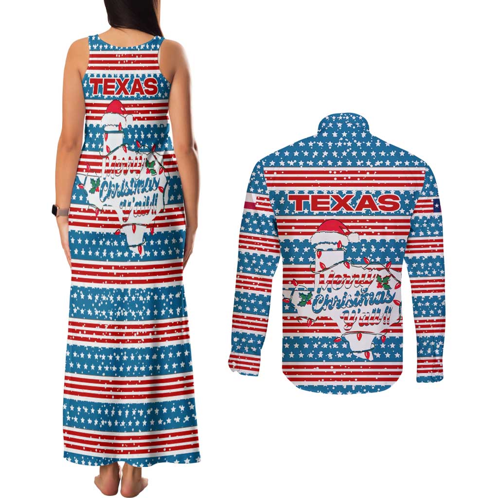 Texas Christmas Couples Matching Tank Maxi Dress and Long Sleeve Button Shirt with Blue and Red Striped Festive Pattern Lone Star and Santa Motif - Wonder Print Shop