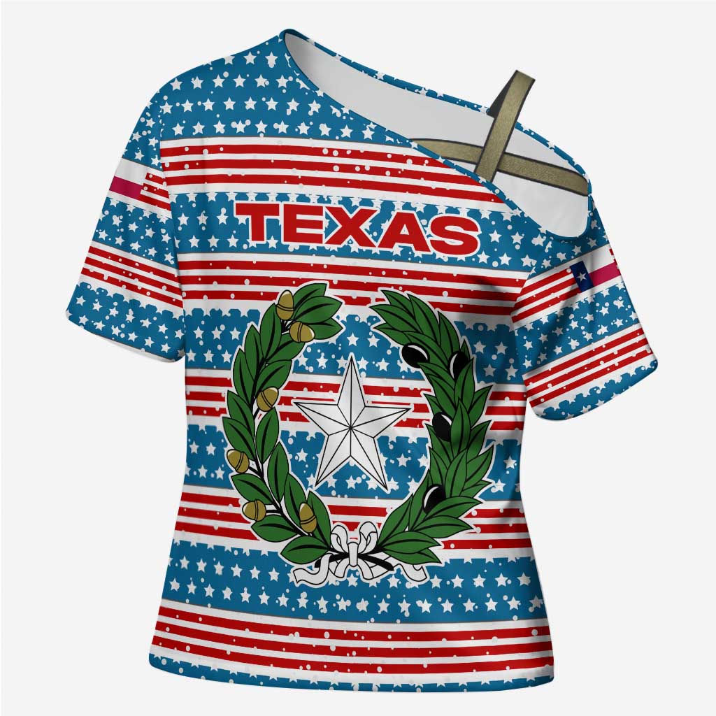 Texas Christmas Cross Shoulder Shirt with Blue and Red Striped Festive Pattern Lone Star and Santa Motif - Wonder Print Shop