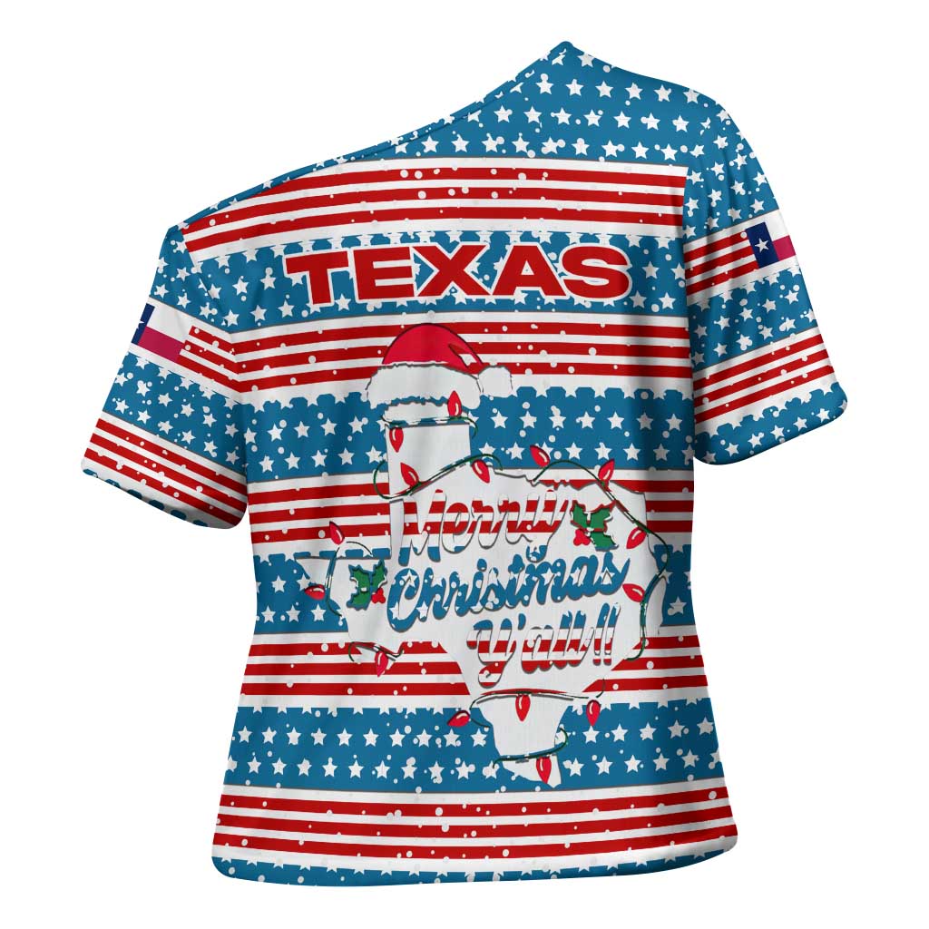 Texas Christmas Cross Shoulder Shirt with Blue and Red Striped Festive Pattern Lone Star and Santa Motif - Wonder Print Shop