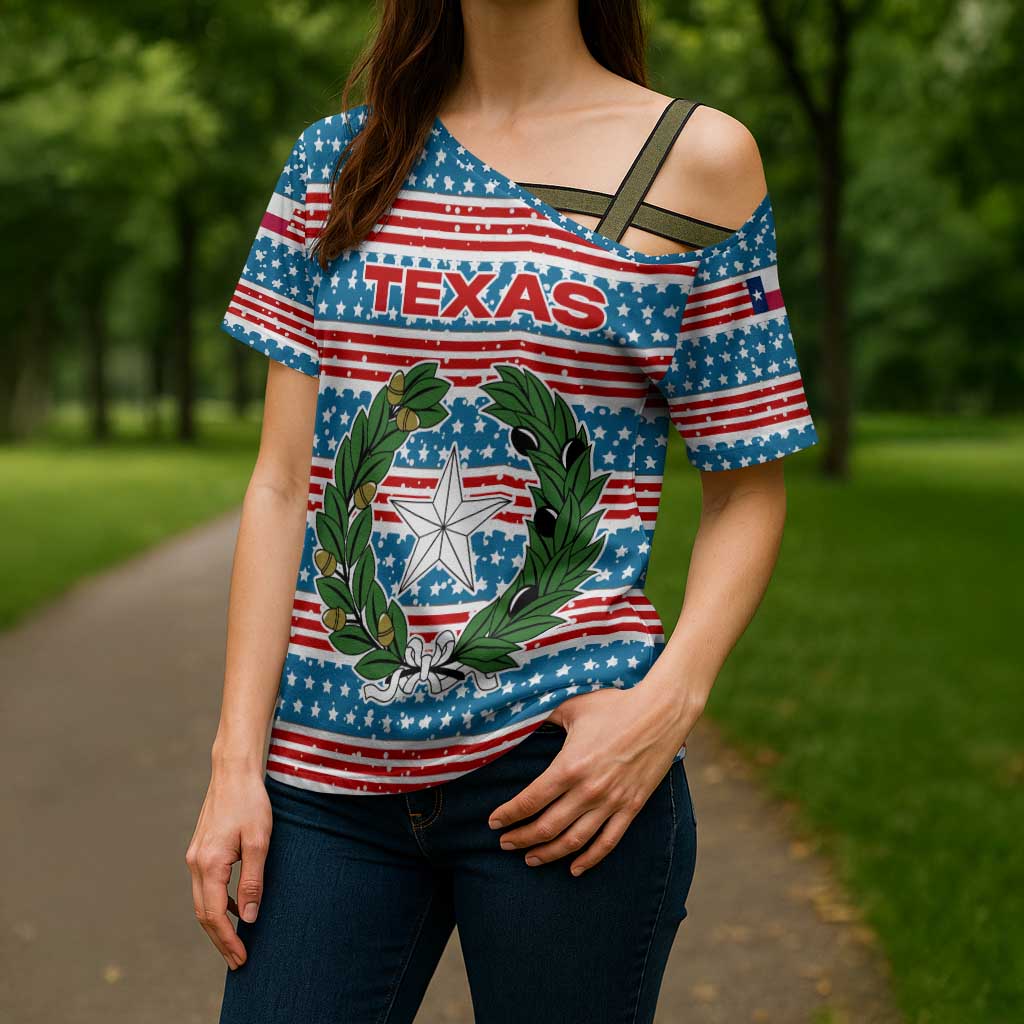 Texas Christmas Cross Shoulder Shirt with Blue and Red Striped Festive Pattern Lone Star and Santa Motif - Wonder Print Shop