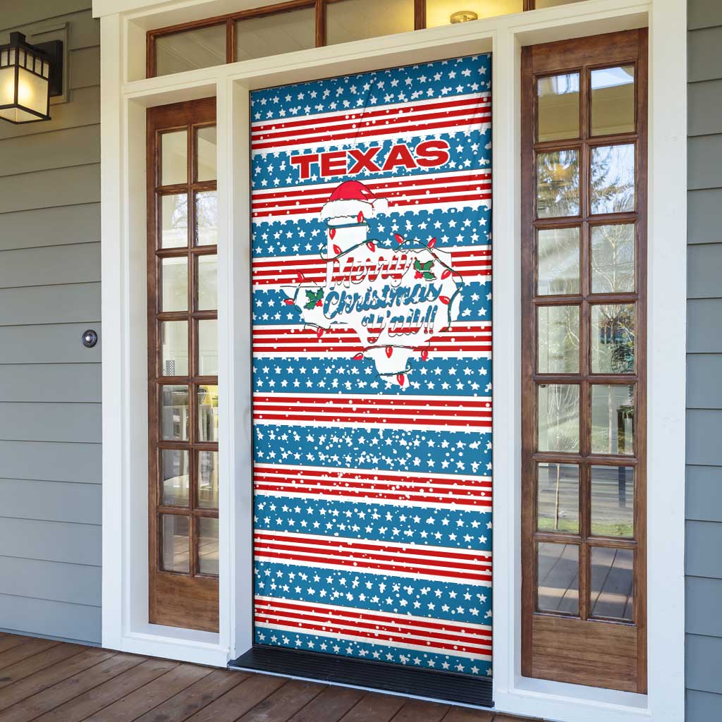 Texas Christmas Door Cover with Blue and Red Striped Festive Pattern Lone Star and Santa Motif - Wonder Print Shop