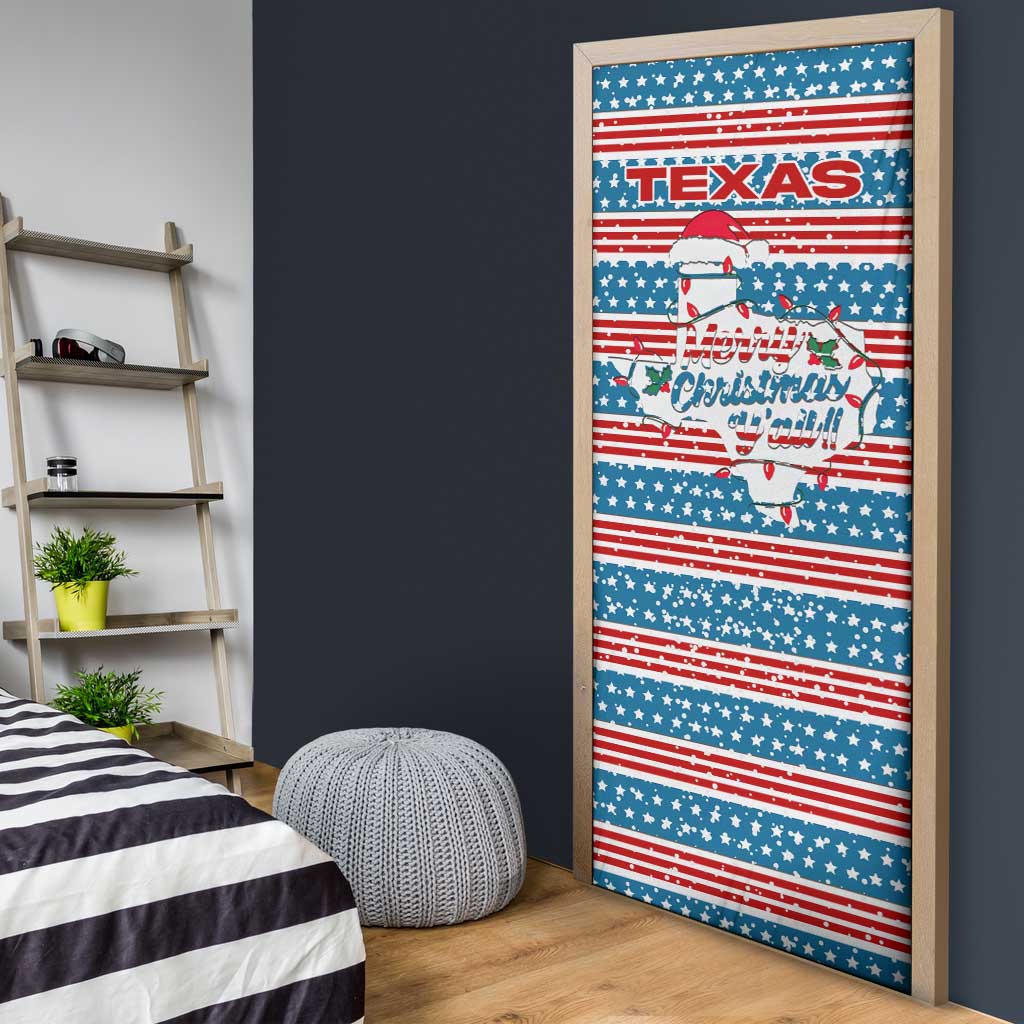 Texas Christmas Door Cover with Blue and Red Striped Festive Pattern Lone Star and Santa Motif - Wonder Print Shop
