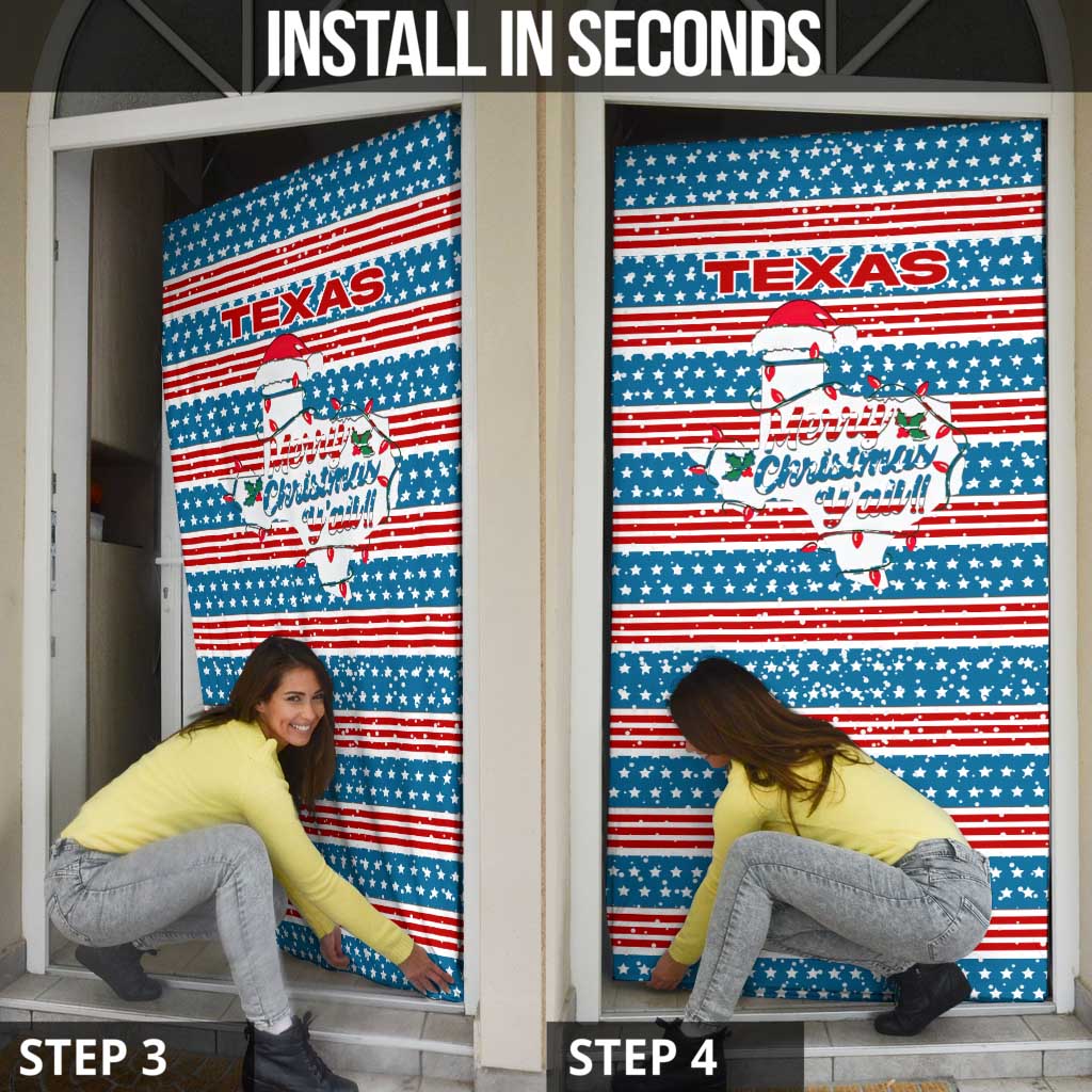 Texas Christmas Door Cover with Blue and Red Striped Festive Pattern Lone Star and Santa Motif - Wonder Print Shop