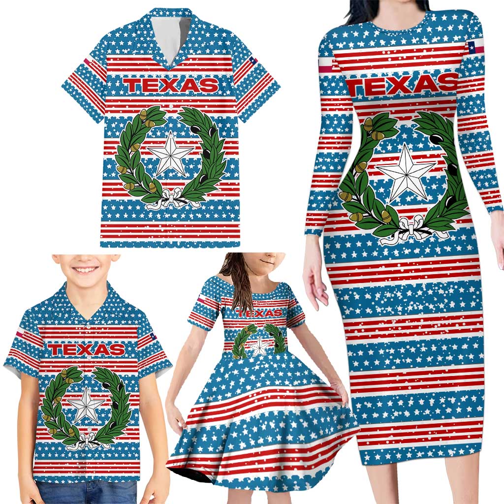 Texas Christmas Family Matching Long Sleeve Bodycon Dress and Hawaiian Shirt with Blue and Red Striped Festive Pattern Lone Star and Santa Motif - Wonder Print Shop
