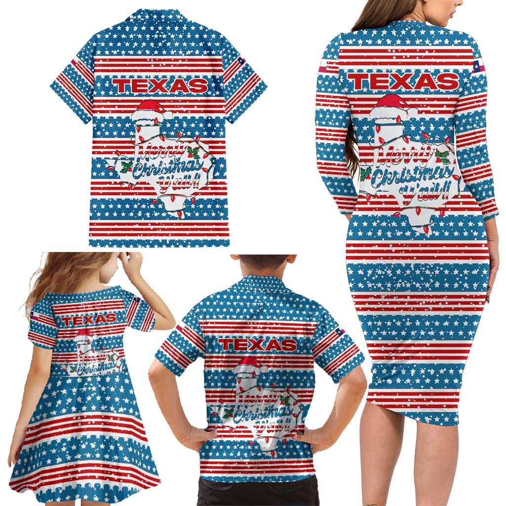 Texas Christmas Family Matching Long Sleeve Bodycon Dress and Hawaiian Shirt with Blue and Red Striped Festive Pattern Lone Star and Santa Motif - Wonder Print Shop