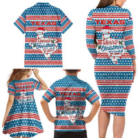 Texas Christmas Family Matching Long Sleeve Bodycon Dress and Hawaiian Shirt with Blue and Red Striped Festive Pattern Lone Star and Santa Motif - Wonder Print Shop
