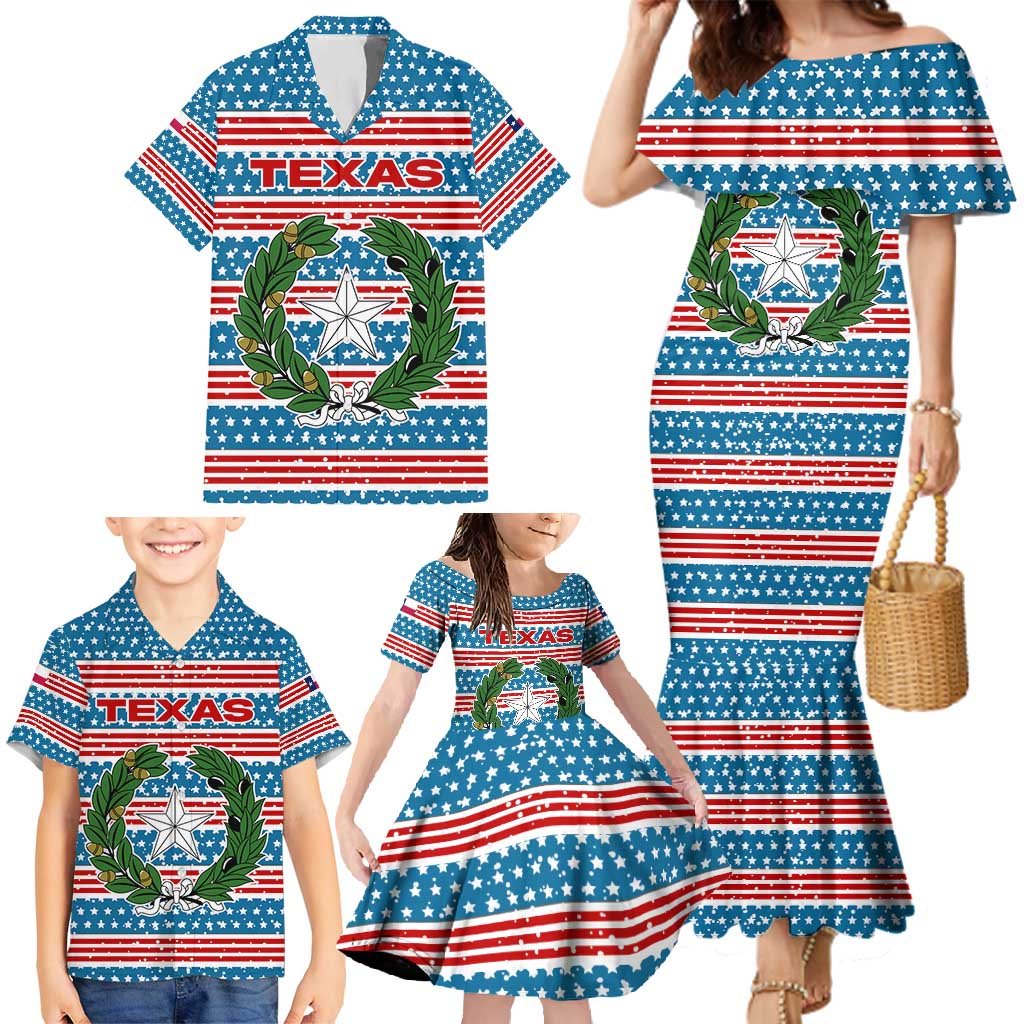 Texas Christmas Family Matching Mermaid Dress and Hawaiian Shirt with Blue and Red Striped Festive Pattern Lone Star and Santa Motif - Wonder Print Shop