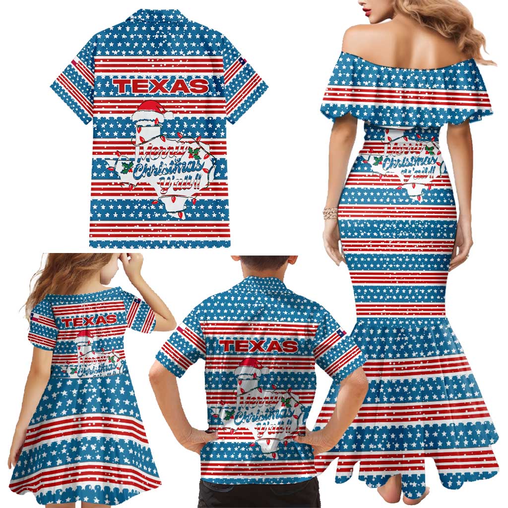 Texas Christmas Family Matching Mermaid Dress and Hawaiian Shirt with Blue and Red Striped Festive Pattern Lone Star and Santa Motif - Wonder Print Shop
