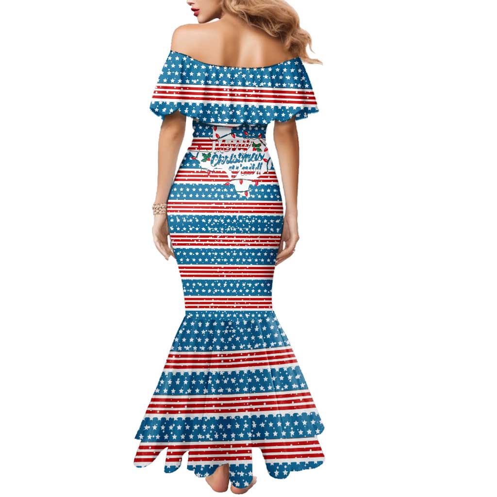 Texas Christmas Family Matching Mermaid Dress and Hawaiian Shirt with Blue and Red Striped Festive Pattern Lone Star and Santa Motif - Wonder Print Shop