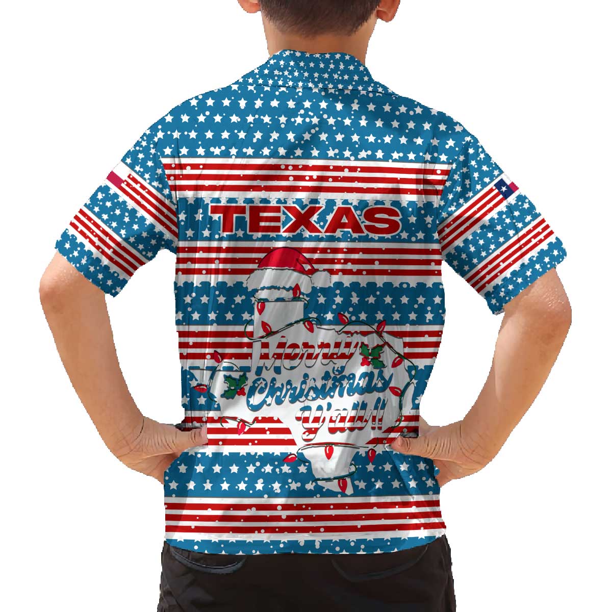 Texas Christmas Family Matching Off The Shoulder Long Sleeve Dress and Hawaiian Shirt with Blue and Red Striped Festive Pattern Lone Star and Santa Motif - Wonder Print Shop