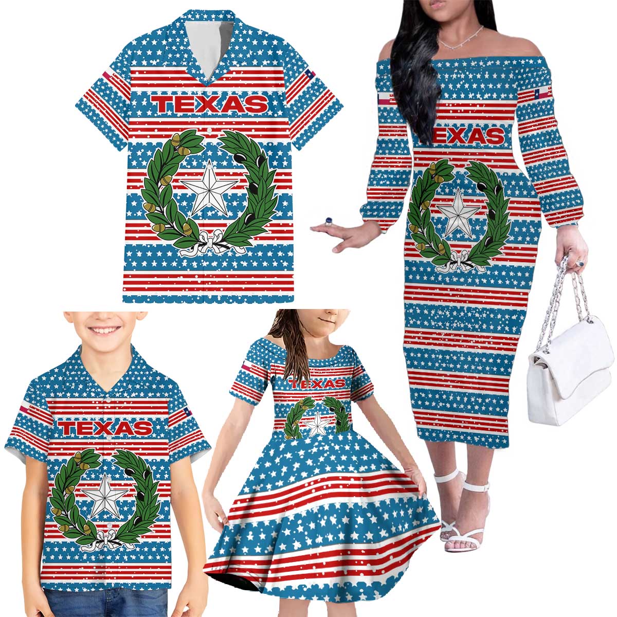 Texas Christmas Family Matching Off The Shoulder Long Sleeve Dress and Hawaiian Shirt with Blue and Red Striped Festive Pattern Lone Star and Santa Motif - Wonder Print Shop